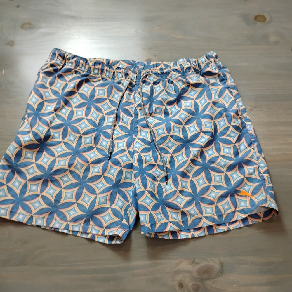 Tommy Bahama RELAX Swim Trunks Mens L Blue Geo Lined Pockets Shorts Drawstring